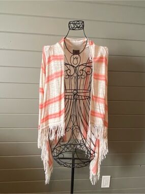 Open-Front White & Coral Striped Fringe Cardigan